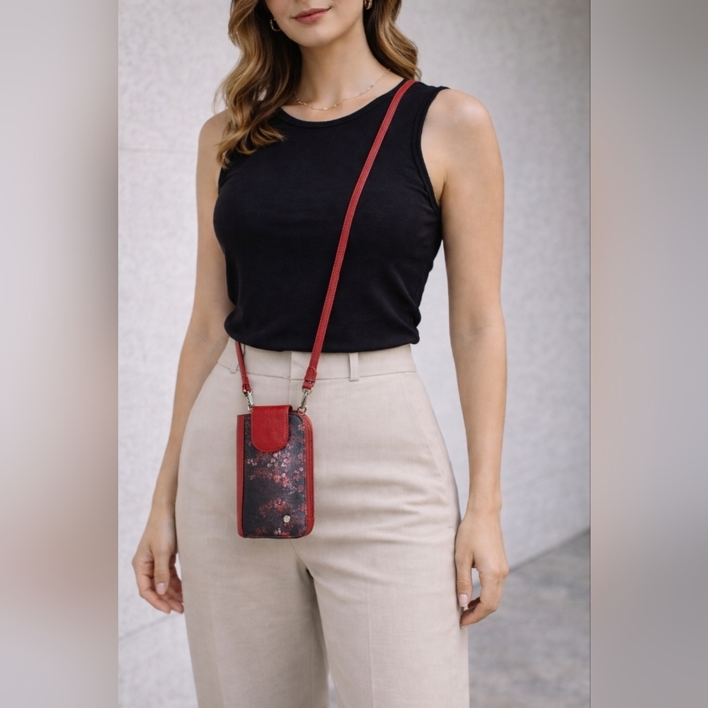 Ana Maria Dessin | SakuraRed Genuine Leather with Print Bag and Wallet for Phone